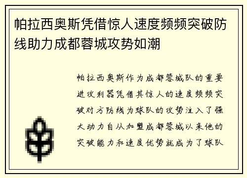 帕拉西奥斯凭借惊人速度频频突破防线助力成都蓉城攻势如潮