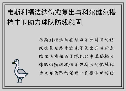 韦斯利福法纳伤愈复出与科尔维尔搭档中卫助力球队防线稳固